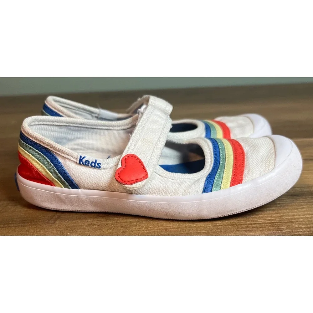 Keds Harper Rainbow Stripe Mary Jane Sneakers White Girls 11M KL161661 Heart